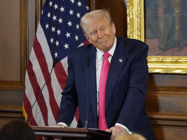 Donald Trump in Anzug und rosa Krawatte steht an einem Podium mit Mikrofonen, was an Trumps Stil erinnert, und spricht vor einer amerikanischen Flagge und einem gerahmten Gemälde zu einem Publikum.